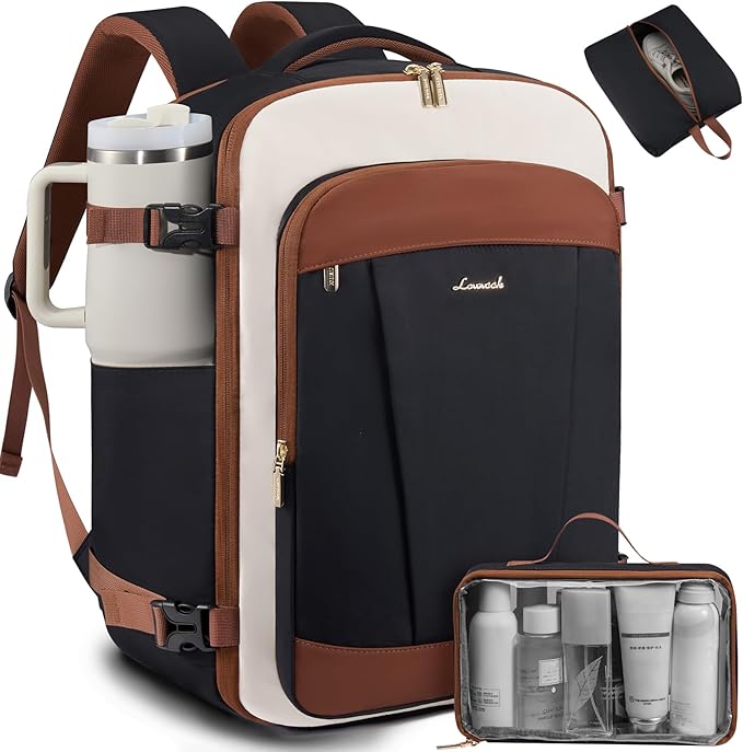 LOVEVOOK 40L Travel Backpack for Women & Men, Airline Approved Carry On Backpack, TSA Personal Item Bag fits 17.3 Inch Laptop, Waterproof Weekender Overnight Bags Suitcase for Work, Black-Brown-Beige