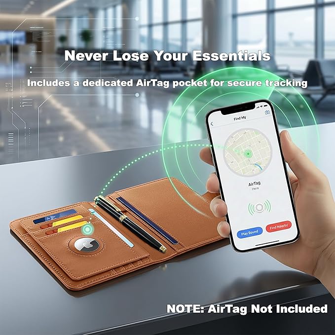 Passport Holder for Travel, RFID Blocking Leather Airtag Wallet for Women Men, Large Passport Cover Essentials Gift, Tickets, Cash, Photo, Sim Card Pen Slot, Brown