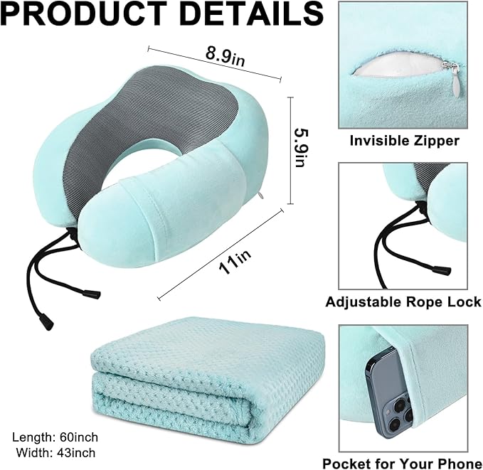 urnexttour Travel Pillow and Blanket Set Neck Pillow Airplane Memory Foam for Traveling Compact with Bag Blue Green