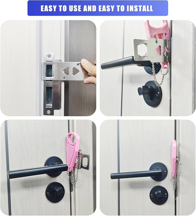 Portable Door Lock, Extra Lock for Additional Privacy and Safety in Apartment Home, Protect Family Security and Prevent Unauthorized Entry in Traveling, Home, Bedroom, Hotel, Apartment. (Pink)