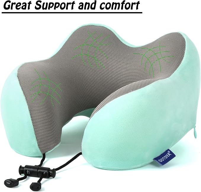 Travel Pillow,Travel Neck Pillows for Sleeping,100% Pure Memory Foam Soft Comfort & Support Pillow for Airplane/Car/Office&Home Rest Use-Blue Green