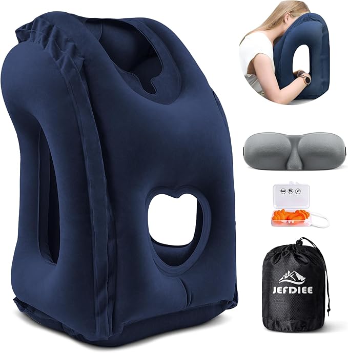 JefDiee Inflatable Travel Pillow, Airplane Neck Pillow Comfortably Supports Head and Chin for Airplanes, Trains, Cars and Office Napping with 3D Eye Mask, Earplugs and Portable Drawstring Bag (Blue)