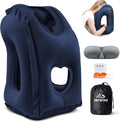 JefDiee Inflatable Travel Pillow, Airplane Neck Pillow Comfortably Supports Head and Chin for Airplanes, Trains, Cars and Office Napping with 3D Eye Mask, Earplugs and Portable Drawstring Bag (Blue)