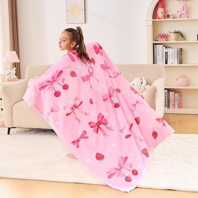 Wajade Strawberry Bow Gifts for Boys Girls - Strawberry Bow Blanket Birthday Christmas Decor for Kids Age 3 4 5 6 7 8 9 10 11 12 Years Old Teens Child Toddler Throw Light Grey 60"x80"