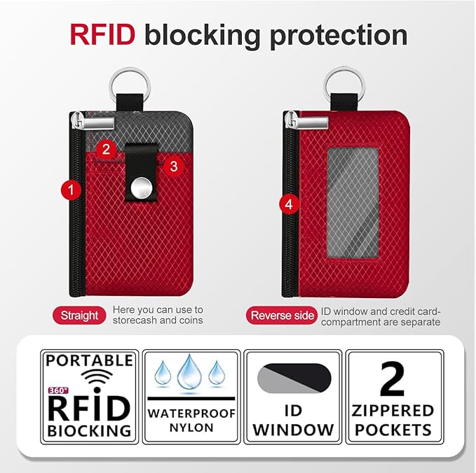 Minimalist RFID Blocking Small Wallet with ID Window,WaterResistant Zip Id Case Wallet with Lanyard Keychain for Cards,Cash,Travel,Women,Men (Red/Dark Grey)