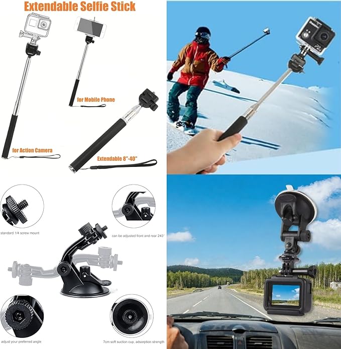 36 in 1 Accessories Kit for Action Camera, Chest & Head Strap Mount, 360° Rotating Wrist Strap Mount, Backpack Clip, Suction Cup Mount, Floating Handle Grip and Various Adjustable Camera Accessories