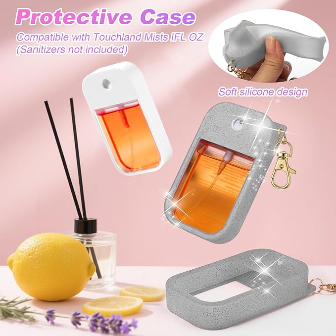 AIERSA Hand Sanitizer Spray Glitter Case Compatible with Touchland, Silicone Hand Sanitizer Case Holder with Keychain for Touch Land Mist 1FL. OZ(Glitter Sequin Gray)
