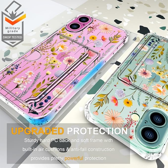 Compatible with iPhone 16 Case Card Holder for Women Cute Design,Wallet Phone Cases Transparent Cool Kawaii Protective (Clear Watercolor Floral)