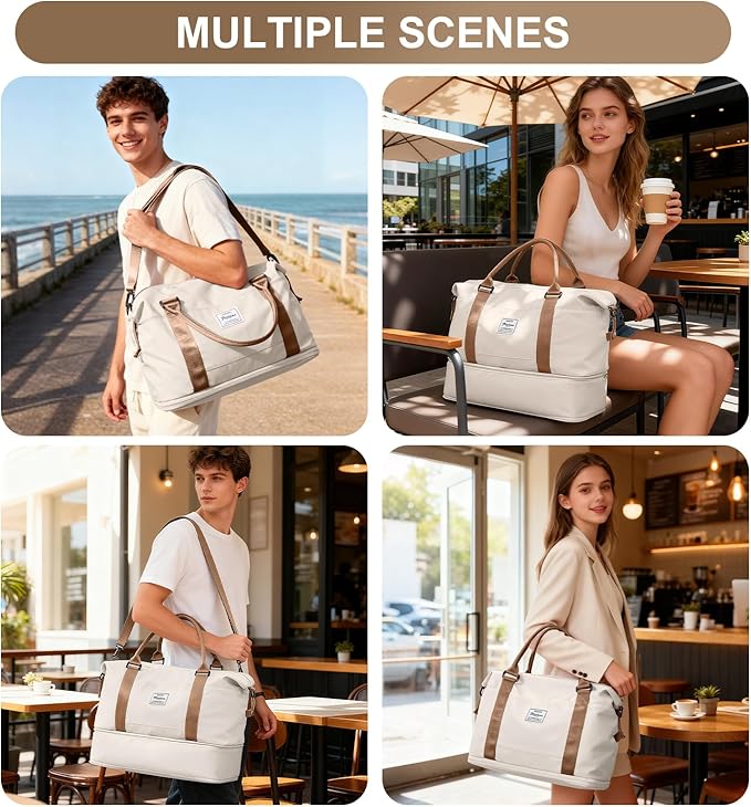 Travel Duffel Bag, 18x14x8 Inches Travel Bag Spirit with Shoes Compartment, Weekender Overnight Bag for Women with Trolley Sleeve, Carry On Bag for Airplanes Sport Tote Gym Bag(Beigebrown).