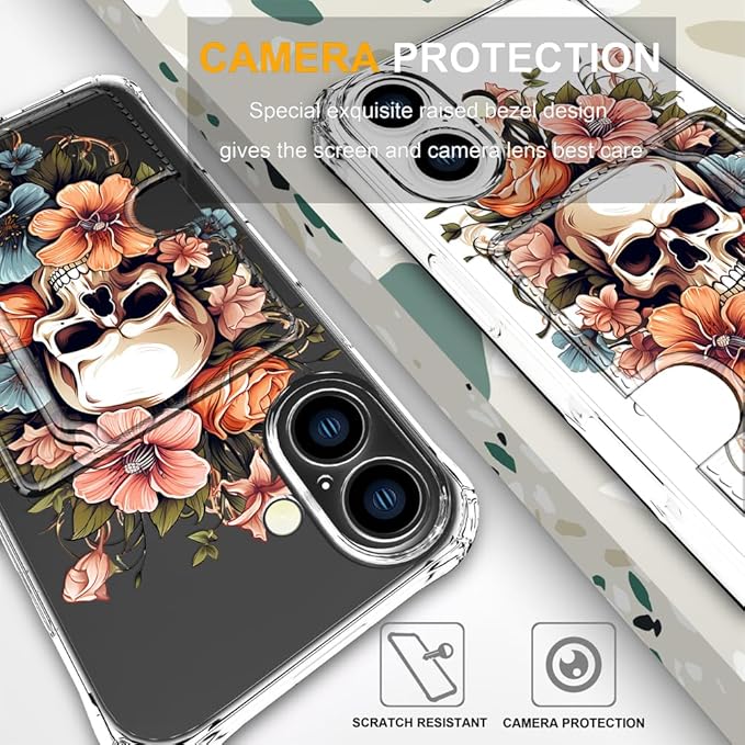 Compatible with iPhone 17 Case Card Holder for Women Cute Design,Wallet Phone Cases Transparent Cool Kawaii Protective (Clear Skull & Flowers)