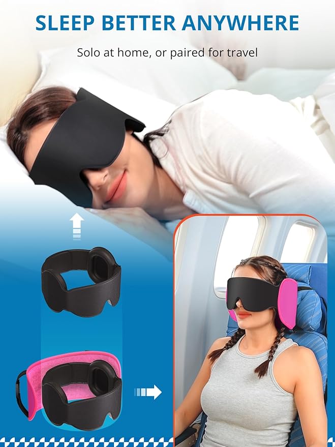 SARISUN Travel Pillows for Airplanes, Upgraded Airplane Pillow with 3D Eye Mask and Ear Cover Design for Long Flight, 360° Support Sleep Head Hold, Plane Headrest for Sleeping, Stop Bobblehead, Pink