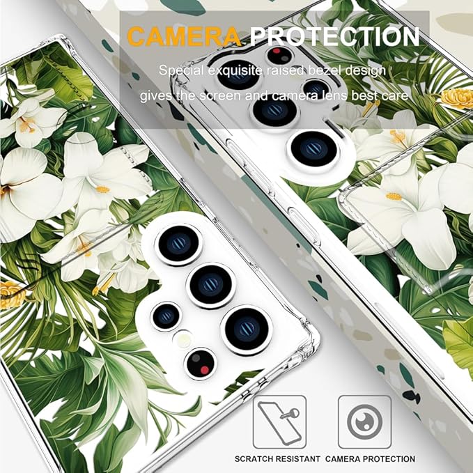 Compatible with Samsung Galaxy S24 Ultra Case Card Holder for Women Cute Design,Wallet Phone Cases Transparent Cool Kawaii Protective (Clear Green Flowers Tropical Jungle)
