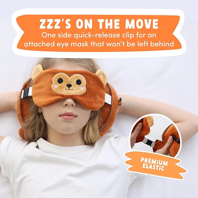 ecoZen Lifestyle Travel Pillow Set with Eye Mask - Comfort for Traveling Kids - Soft and Supportive Kids Sleep Mask Neck Pillow for Plane, Car, or Train Journeys - Monkey Design