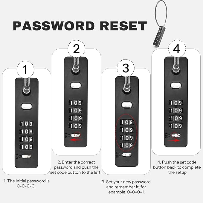 4 Digit Combination Cable Lock for Bike Scooter Motorcycle Helmet Anti Theft, 11.8" Cable Chain, Combo Travel Lock with Code for Luggage Suitcase Safe, Fridge, Fence Gate, Cabinet, Locker