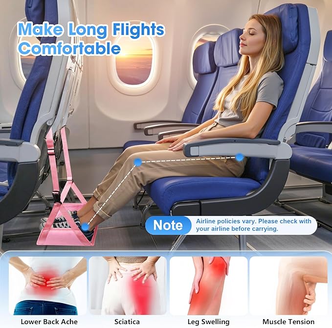 2 Pack Airplane Foot Rest - Lightweight Foot Hammock for Plane Travel with Adjustable Strap & Thick Board, Tray Table Under Desk Footrest to Relax Feet, Travel Essentials for Long Flights(Pink)