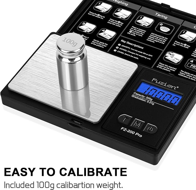 Fuzion Gram Scale, Pocket Scale .01 Gram Accuracy, 200g Small Digital Scale for Food, Jewelry, Herb, Spice, Coin - Weight Gram and Oz - 100g Calibration Weight