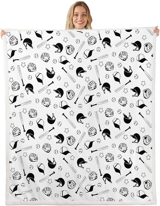 Baseball Kids Throw Blanket,Baseball Bat Glove Cartoon Bed Blanket for Girls Boys Adults,Stars Ball Sports Games Fleece Blanket,Black White Fashion Fuzzy Blanket,40 x 50 Inches