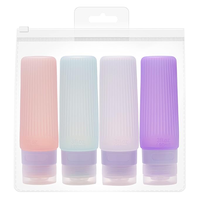 Travel Bottles for Toiletries, TSA Approved Silicone Travel Containers for Toiletries, Leak Proof 3 oz Refillable Bottles for Shampoo, Conditioner, Translucent Pastel Color (4 Pack)