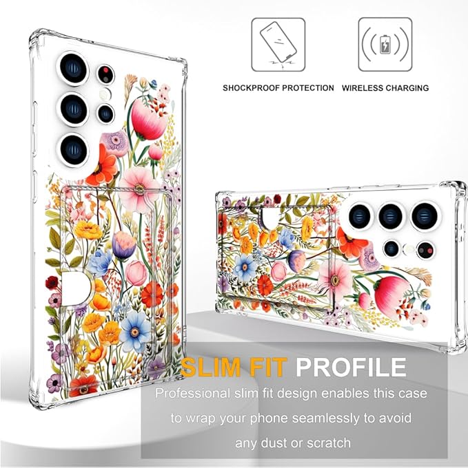 Compatible with Samsung Galaxy S24 Ultra Case Card Holder for Women Cute Design,Wallet Phone Cases Transparent Cool Kawaii Protective (Clear Flowers Lily Girly Florals)