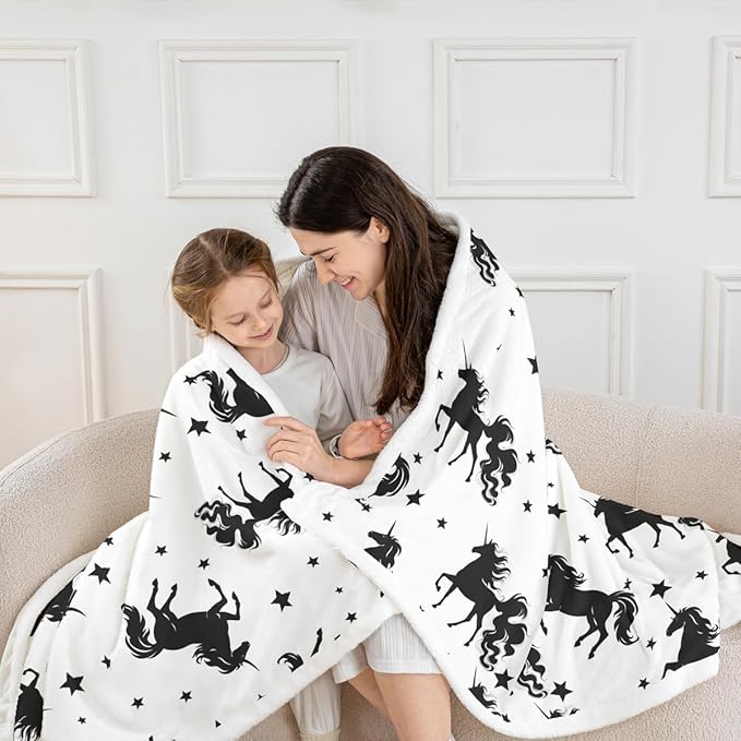 Cartoon Unicorn Kids Throw Blanket,Starry Sky Galaxy Romantic Bed Blanket for Girls Boys Adults,Cute Animals Simple Fleece Blanket,Black White Chic Fuzzy Blanket,Baby Size (30 x 39 Inches)