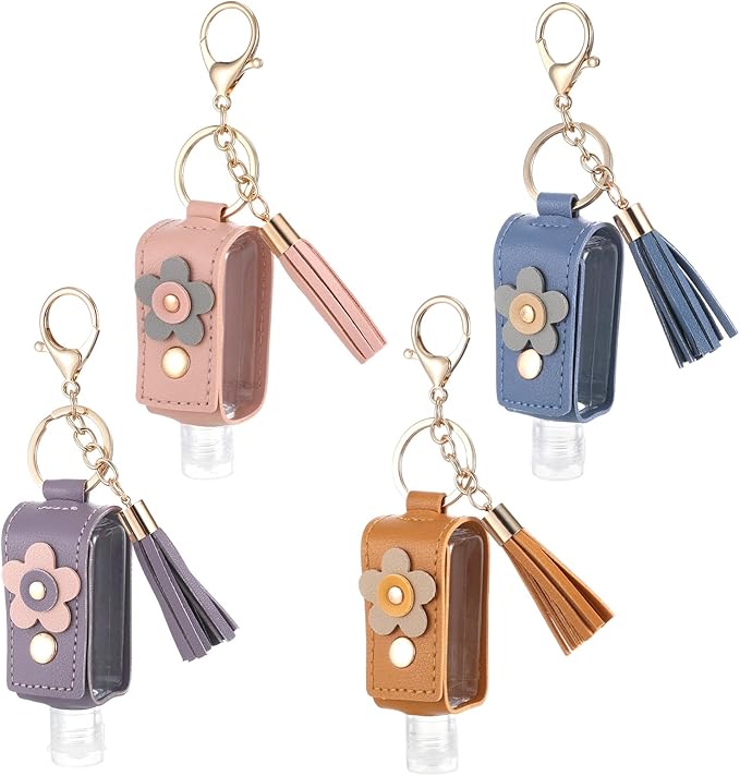4 Pcs Handwashing Fluid Keychain Portable 30ml Refillable Leather Hand Handwashing Fluid Mini Case Holder Keychain Travel Size for Toiletry Lotion Liquid Soap Shampoo
