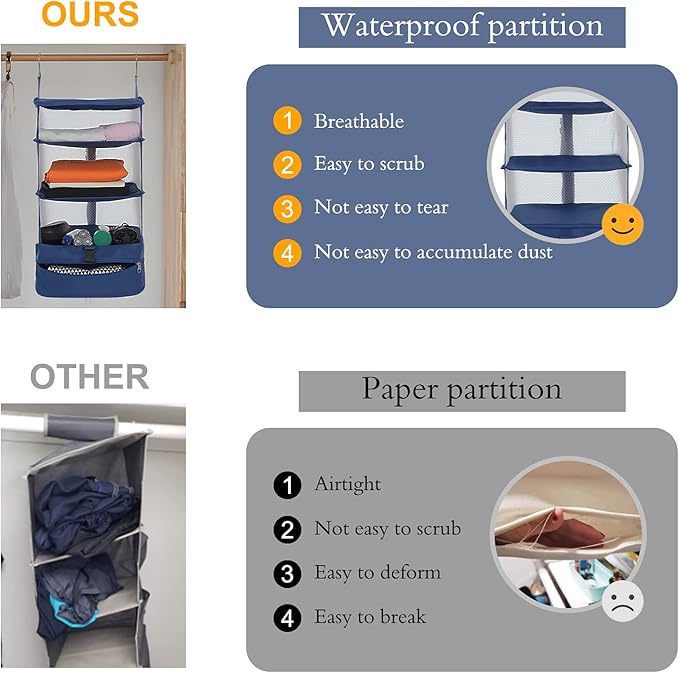Surblue Hanging Closet Storage Bag Collapsible 3-Shelf Washable Oxford Fabric with 2 Hooks (XL 17.71 * 11.81 * 20in, Snow)