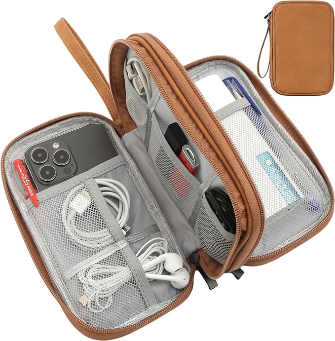 CAAORDKSO Travel Cable Organizer Pouch Electronic Accessories Carry Case Water Resistant Accessories Organizer Pouch Bag for Cable, Cord, Charger, USB, Phone, Power Bank, Earphone (Brown, Medium)