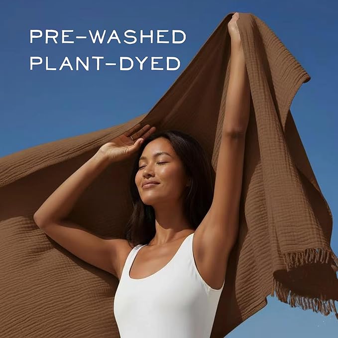 KyraHome Muslin Blankets for Adults, 60"x80" Large 100% Cotton Throw Blanket, Plant Dyed Lightweight Breathable Gauze Summer Blanket for Couch, Napping, Picnic, All Season (Brown)