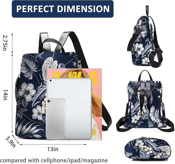 Fmeida Waterproof Backpack Purse for Women Anti Theft Fashion Daypack Nylon Travel Bag Crossbody Shoulder Bag - Hawaii Flower 13"x5.9"x13.9"