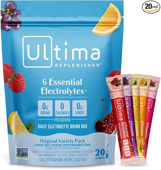 Ultima Replenisher Daily Electrolyte Powder – Original Variety Pack, 20 Stickpacks – Zero Sugar Hydration Packets with 6 Electrolytes and Minerals – Sugar Free, Plant Based & Keto Friendly Drink Mix