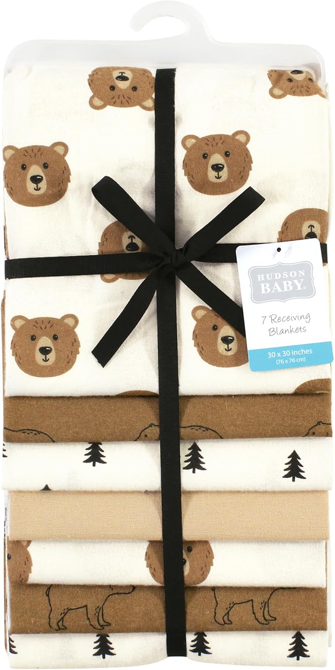Hudson Baby Unisex Baby Cotton Flannel Receiving Blankets Bundle, Brown Bear, One Size