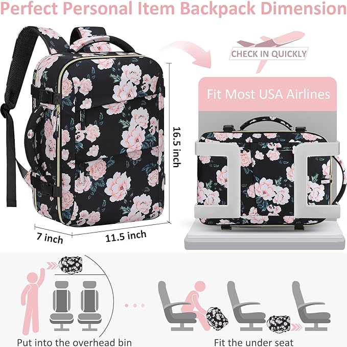 Tenot Carry on Backpack for Women TSA Approved 15.6 Inch Travel Laptop Backpack for Women Travel Essentials Foldable Womens Travel Backpack Suitcase Pink Floral