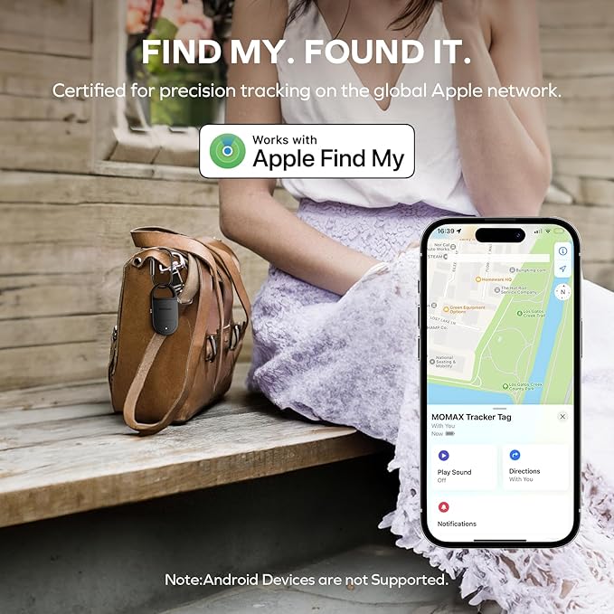 Momax Key Finder Tracker Tag – Smart Personal Alarm Rechargeable Tracking Device with SOS Alert & LED Strobe, Find My (iOS Only), Anti-Lost Tags with Keychain, Travel Gadget for Women, Girls, Black