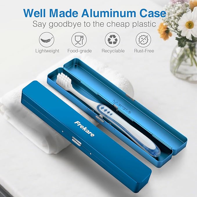 Frekare Toothbrush Travel Case Aluminum, Manual Tooth Brush Holder for Traveling, Portable Toothbrush Container for Bathroom, Camping, Business Trip, School (Blue)