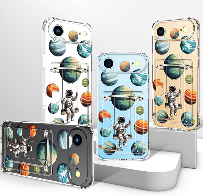 Compatible with iPhone 17 Air Case Card Holder for Women Cute Design,Wallet Phone Cases Transparent Cool Kawaii Protective (Clear Astronaut Space Planets)