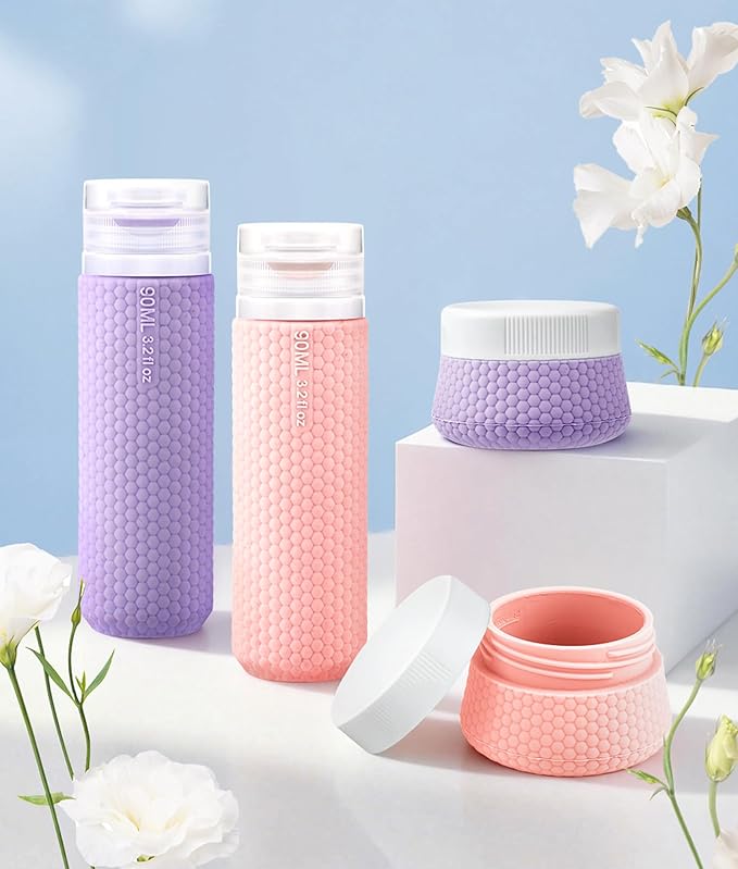 Travel Bottles for Toiletries 2oz 90ml 2 Pack + Cosmetic Jar 40ml 1.35oz 2 Pack Luxury Leather Pattern, Anti-slip Silicone Premium Refillable Bottle Set with Facial Brush for Gym Men Women