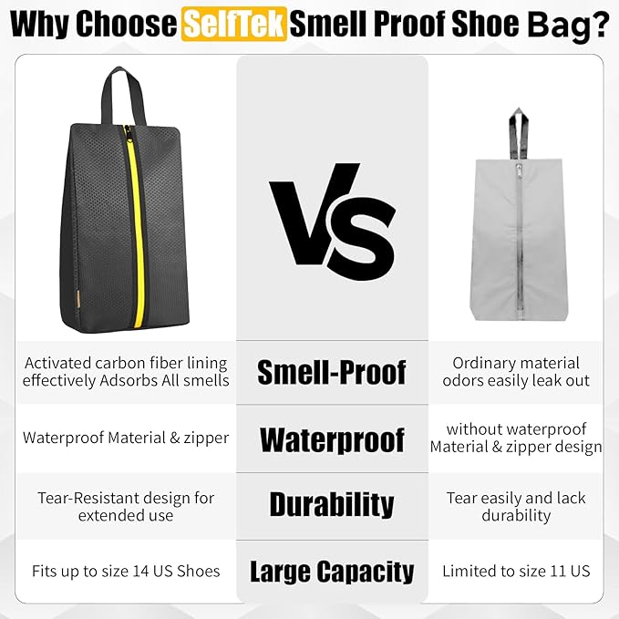 SelfTek Smell Proof Shoe Bags for Travel - Cleat Bags for Sports Smell Proof, Water-Resistant Travel Shoe Organizer with Active Carbon Fabric, Lightweight Gol-f soccer cleats Shoe Bag