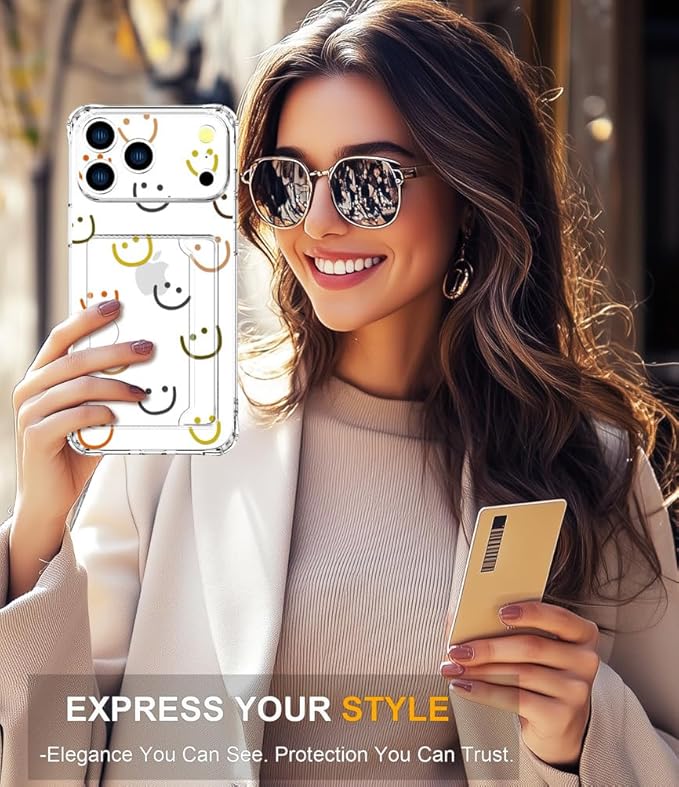 Compatible with iPhone 17 Pro Max Case Card Holder for Women Cute Design,Wallet Phone Cases Transparent Cool Kawaii Protective (Clear Smiley Face)