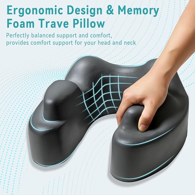 Neck Pillow with Hood, Travel Pillow for Sleeping, Memory Foam Airplane Pillow for Long Flight, Portable Travel Neck Pillow for Flight, Drive, Work, Rest, with Storage Bag