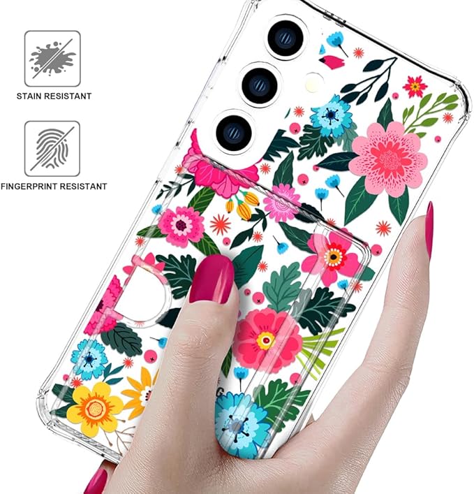 Compatible with Samsung Galaxy S24 / S25 Case Card Holder for Women Cute Design,Wallet Phone Cases Transparent Cool Kawaii Protective (Clear Floral Spring Blossom)