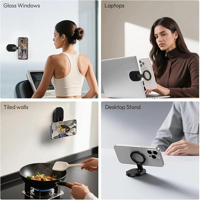 Double-Sided Suction & Magnetic Phone Holder, 3-in-1 Suction Magnetic Phone Holder, 360° Rotatable Phone Tripod Mount Magnetic Gym Phone Holder for Car, Mirror, Gym, Kitchen