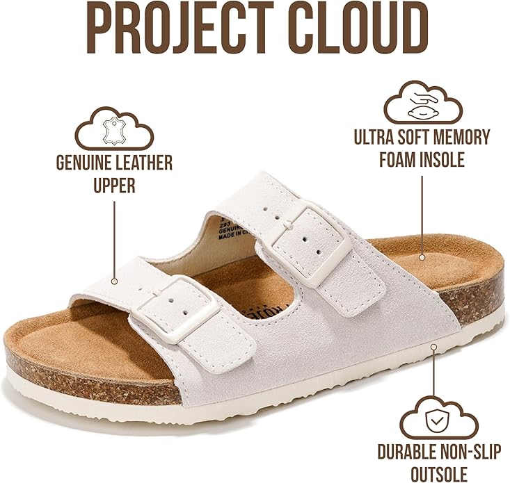 Project Cloud 100% Genuine Leather Flat Sandals For Women 2026 Cork Footbed Womens Sandals with Memory Foam and arch support Vacation Essentials Slides for Women Footwear (Venita)