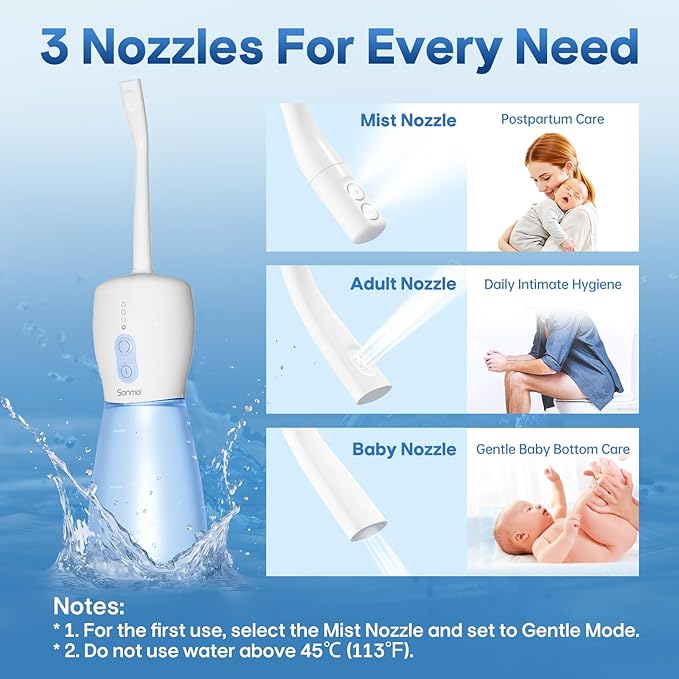 Sonmol Electric Peri Bottle for Postpartum Care, 3 Nozzles & 3 Modes, Portable Bidet for Perineal Cleaning and Recovery, Handheld Travel Bidet, Rechargeable Perineal Bottle, 10.2 oz