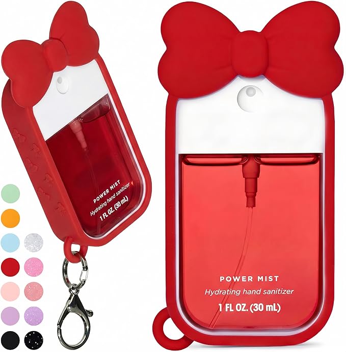 Silicone Bow Case Compatible with Touchland Hand Sanitizer Spray 1 oz (30 mL), Cute Holder with Keychain Clip, Gift for Girls