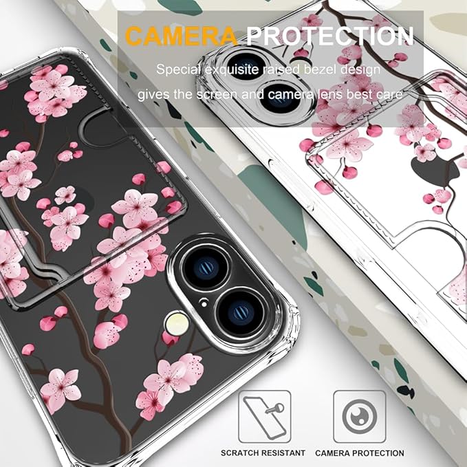 Compatible with iPhone 16 Plus Case Card Holder for Women Cute Design,Wallet Phone Cases Transparent Cool Kawaii Protective (Clear Sakura Peach Cherry)