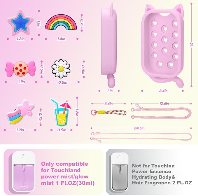 Juome Hand Sanitizer Spray Case for Touchland with Adjustable Keychain Lanyard & Charms, Cat Silicone Protective Holder for Touch Land Mist Case 1FL. OZ, Travel Cover Sleeve Accessory - Pink