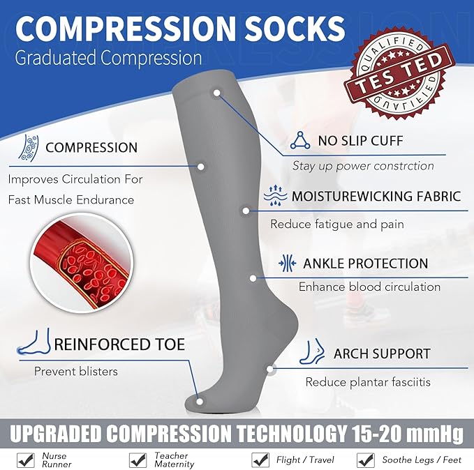 Sooverki Copper Compression Socks for Men & Women 8 Pack 15-20mmHg - Knee High Stockings Best Support for Running Athletic