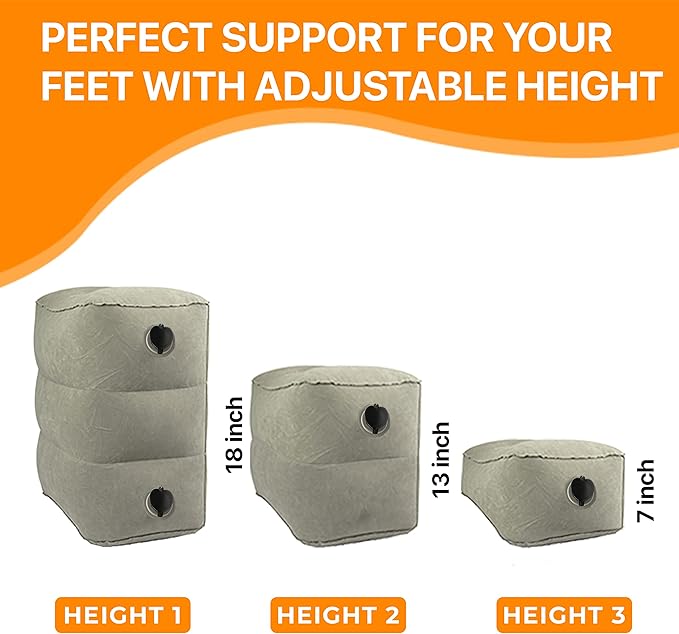 Inflatable Travel Foot Rest Pillow - Adjustable Leg Rest for Airplane, Car, Train, Home & Office, Comfortable Seat Extender for Kids - Grey