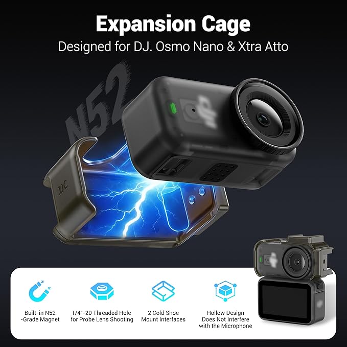 JJC Osmo Nano Cage for DJI Osmo Nano Accessories, Probe Lens Photography Expansion Adapter with 1/4"-20 Thread Hole, 2 Cold Shoe and Built-in Strong Magnet, Creative Narrow Crevice Shooting, ABS Frame