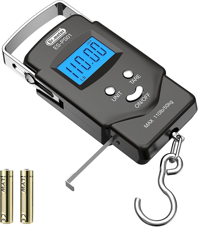 Dr.meter Fish Scale Luggage Scale Fishing Gear - 110lb Backlit LCD Display Digital Scale with Built-in Measuring Tape - Fishing Scale with 2 AAA Batteries, Pocket Size - Fishing Gifts for Men
